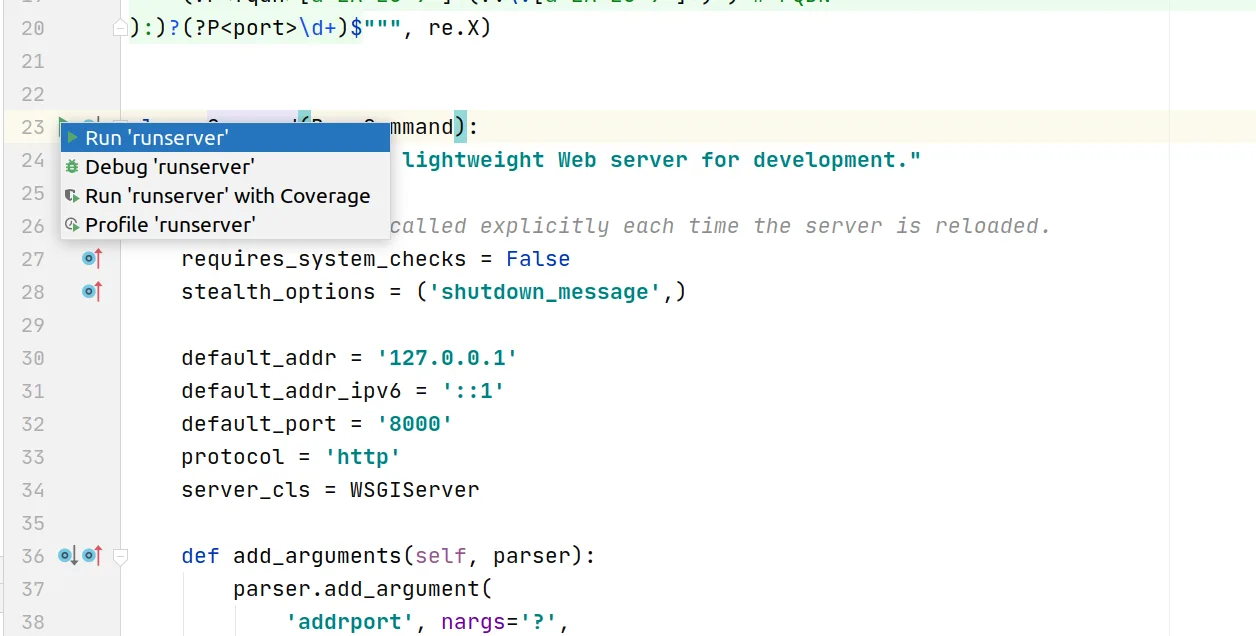 Django command runner gutter menu with run, debug, coverage, and profile actions for the runserver command