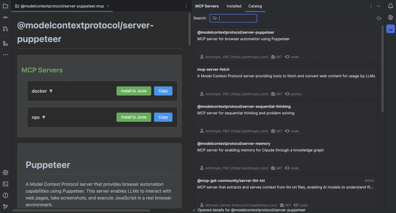 MCP Servers plugin showing a public server catalog beside package installation options